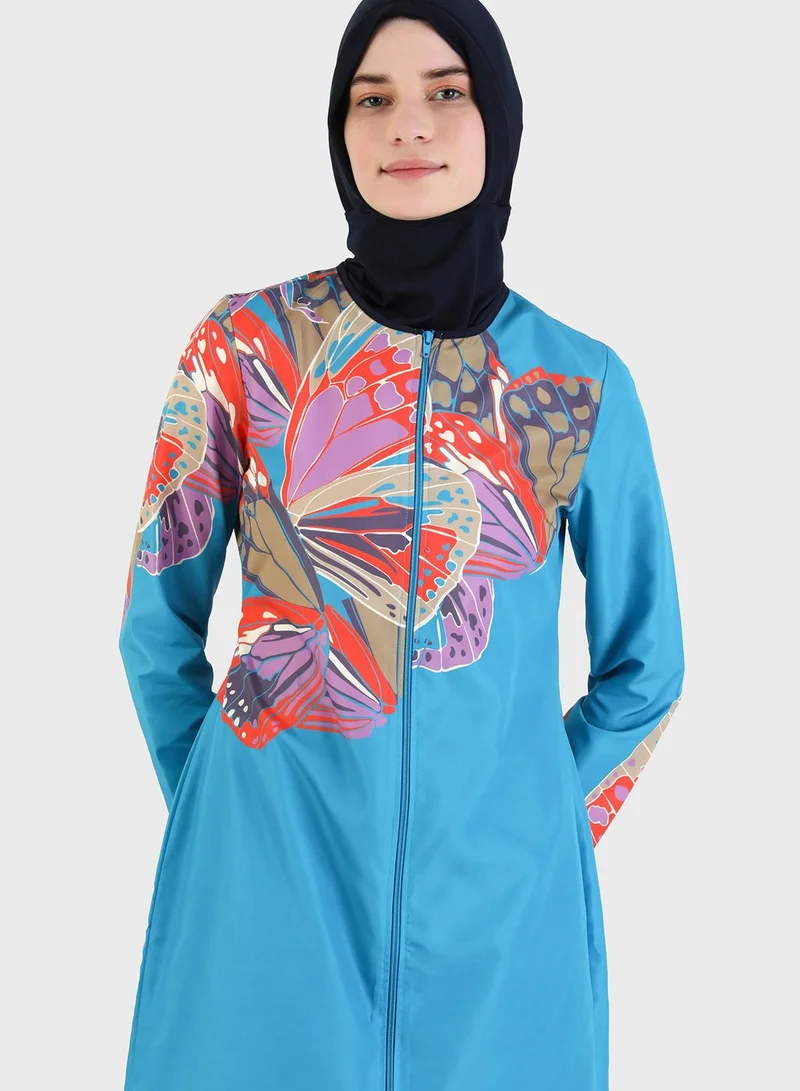 Mayo Bella by Modanisa Printed Zip Detail Burkini Set