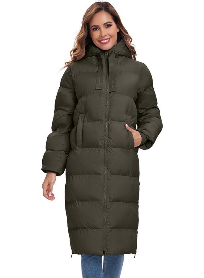 HOTIAN Womens Winter Maxi Long Puffer Coat Thicken Hooded Down Quilted Padded Jacket Winter Warm Outerwear, Army Green, L - Image 5