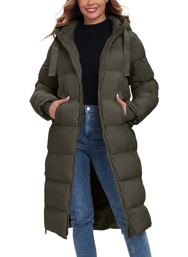 HOTIAN Womens Winter Maxi Long Puffer Coat Thicken Hooded Down Quilted Padded Jacket Winter Warm Outerwear, Army Green, L - Image 1