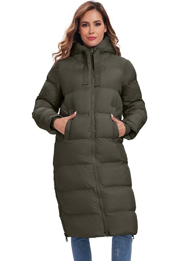 HOTIAN Womens Winter Maxi Long Puffer Coat Thicken Hooded Down Quilted Padded Jacket Winter Warm Outerwear, Army Green, L - Image 3