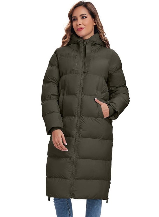HOTIAN Womens Winter Maxi Long Puffer Coat Thicken Hooded Down Quilted Padded Jacket Winter Warm Outerwear, Army Green, L - Image 2