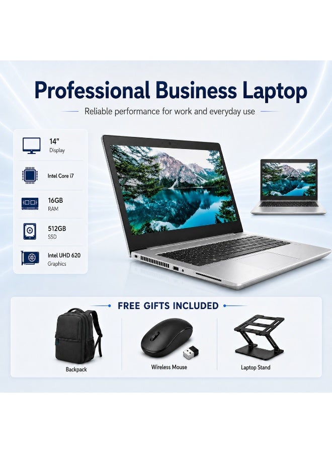 Laptop 14 Inch Display Core i7 16GB RAM 512GB SSD Integrated Graphics with Wireless Mouse Laptop Backpack and Laptop Stand - Image 1