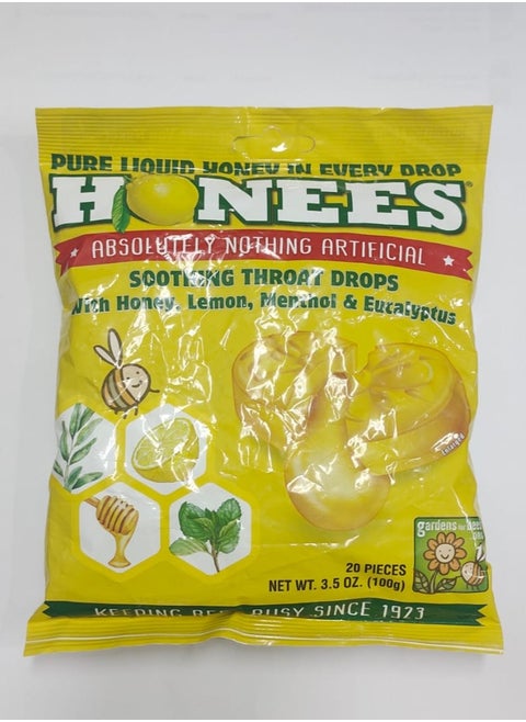 Honees Honey Lemon Menthol Eucalyptus Cough Drops 20 King Sized Drops 3.5 oz (100 g)