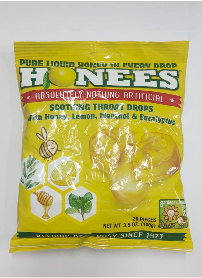 Honees Honees Honey Lemon Menthol Eucalyptus Cough Drops 20 King Sized Drops 3.5 oz (100 g)  - Image 1