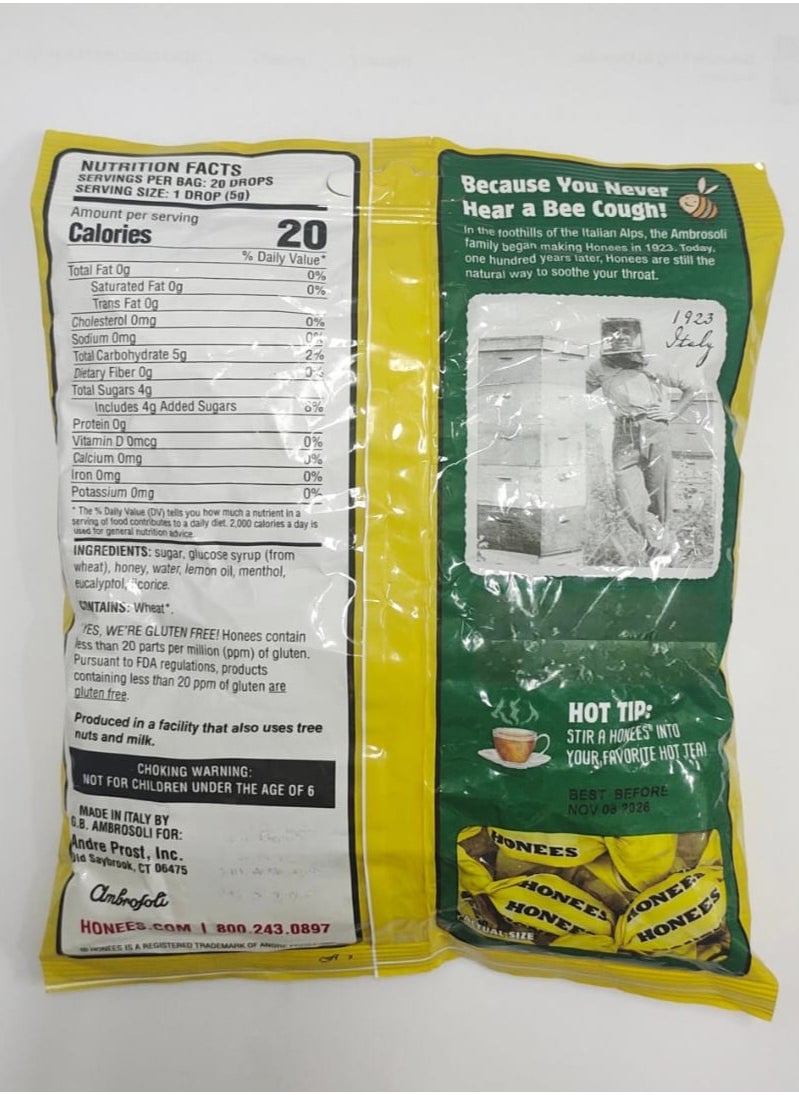 Honees Honees Honey Lemon Menthol Eucalyptus Cough Drops 20 King Sized Drops 3.5 oz (100 g)  - Image 2