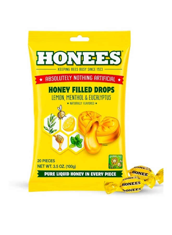 Honees Honey Lemon Menthol Eucalyptus Cough Drops 20 King Sized Drops 3.5 oz (100 g)