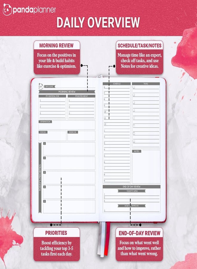 Panda Planner Classic Daily Planner 2026 - A5 Undated Daily Productivity & Quarterly Planner with Hourly Schedule, To Do List, Daily Journal, Goal Planner, Habit Tracker & Gratitude Organizer for Focus - Raspberry - Image 3