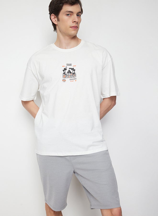 trendyol Ecru Oversize/Wide Cut Fluffy Printed Game Themed 100% Cotton T-Shirt TMNSS24TS00022 - Image 3
