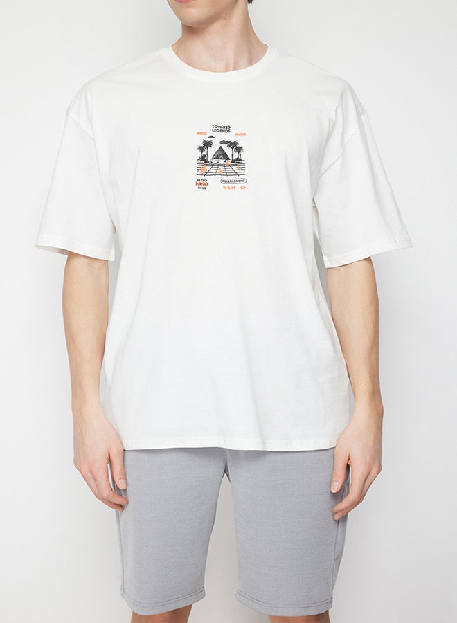 trendyol Ecru Oversize/Wide Cut Fluffy Printed Game Themed 100% Cotton T-Shirt TMNSS24TS00022 - Image 4