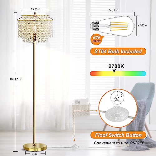 Luvkczc Gold Crystal Floor Lamp, 64" Tall Elegant Standing Lamp with On-Off Foot Switch, Double-Layer Lampshade, Standing Floor Lamps for Living Room, Bedroom, Office, 8W LED Bulb Included - Image 3
