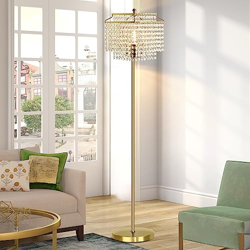 Luvkczc Gold Crystal Floor Lamp, 64" Tall Elegant Standing Lamp with On-Off Foot Switch, Double-Layer Lampshade, Standing Floor Lamps for Living Room, Bedroom, Office, 8W LED Bulb Included - Image 1