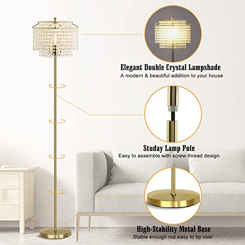 Luvkczc Gold Crystal Floor Lamp, 64" Tall Elegant Standing Lamp with On-Off Foot Switch, Double-Layer Lampshade, Standing Floor Lamps for Living Room, Bedroom, Office, 8W LED Bulb Included - Image 4