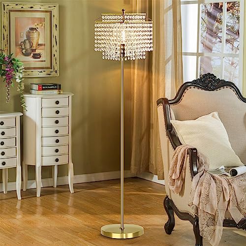 Luvkczc Gold Crystal Floor Lamp, 64" Tall Elegant Standing Lamp with On-Off Foot Switch, Double-Layer Lampshade, Standing Floor Lamps for Living Room, Bedroom, Office, 8W LED Bulb Included - Image 5