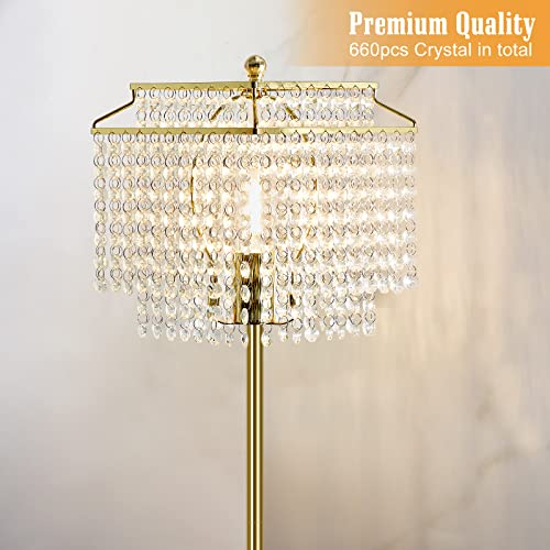 Luvkczc Gold Crystal Floor Lamp, 64" Tall Elegant Standing Lamp with On-Off Foot Switch, Double-Layer Lampshade, Standing Floor Lamps for Living Room, Bedroom, Office, 8W LED Bulb Included - Image 2