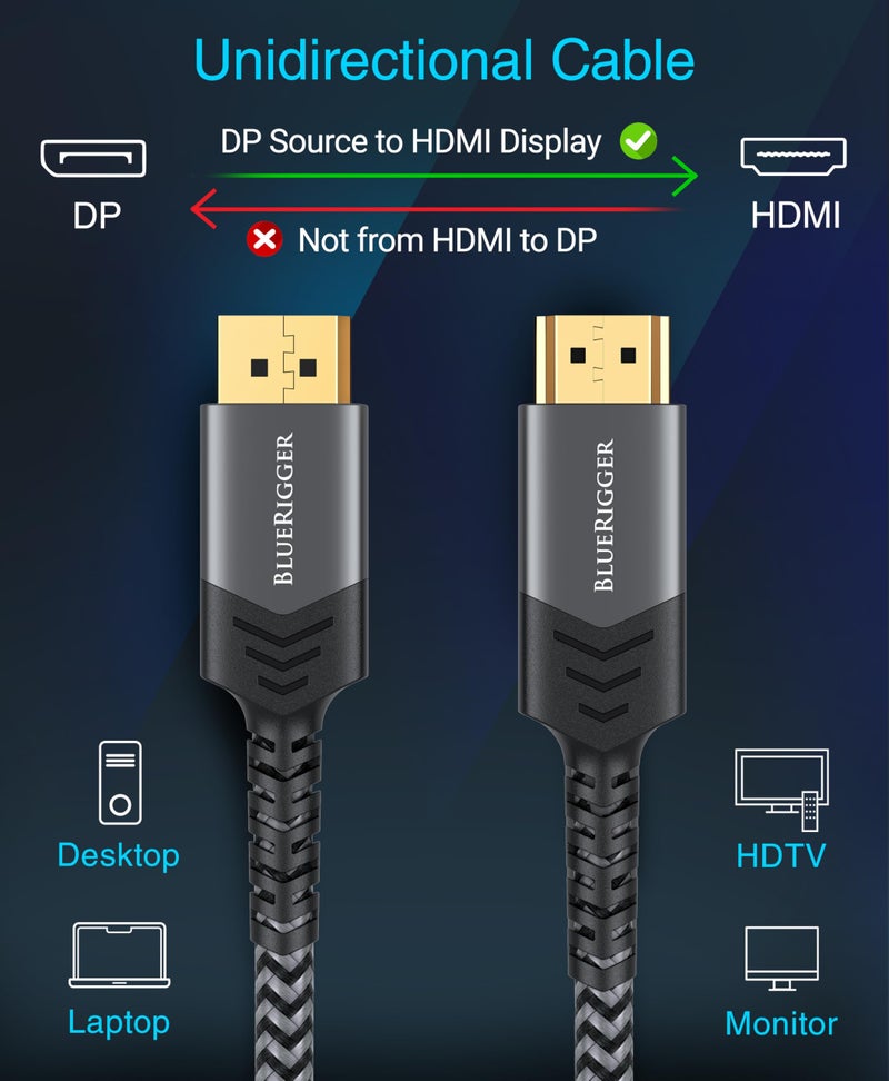 BlueRigger DisplayPort to HDMI Cable - (15FT, DP to HDMI Cord, 4K 60Hz, HDR, HDCP 2.2, Uni-Directional Display to HDMI, Male Video Cable) - Compatible with PC, Laptop, HDTV, Monitor, Projector, VR - Image 3
