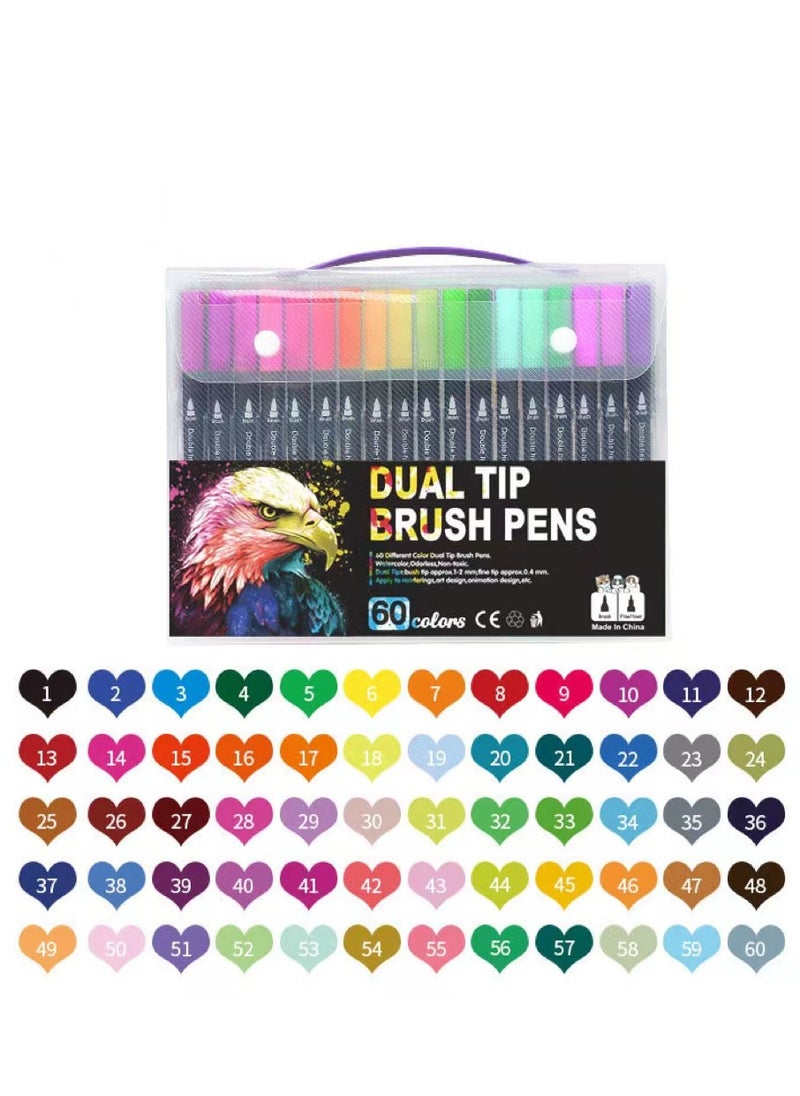 Beauenty 60 Colors Dual Tip Watercolor Marker Set, Fine and Brush Ended Washable Coloring Pens  - Image 1