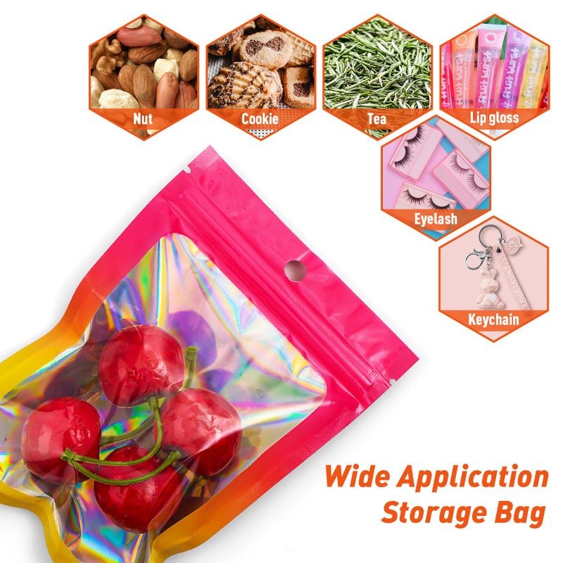 Funfery 100 Pack Gradient Holographic Bags,Mylar Resealable Bags with Zipper,Clear Window Packaging Pouchs,Smell Proof Bag for Food Storage,Sample Jewelry Bag(2.7x3.9In,Hot Pink Orange) - Image 5