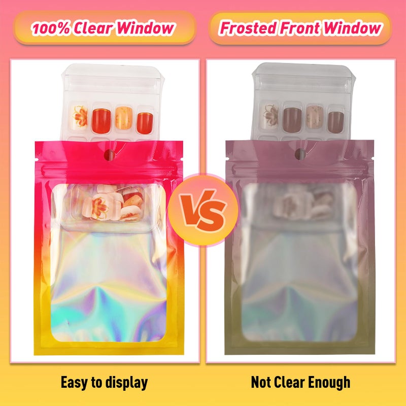 Funfery 100 Pack Gradient Holographic Bags,Mylar Resealable Bags with Zipper,Clear Window Packaging Pouchs,Smell Proof Bag for Food Storage,Sample Jewelry Bag(2.7x3.9In,Hot Pink Orange) - Image 4