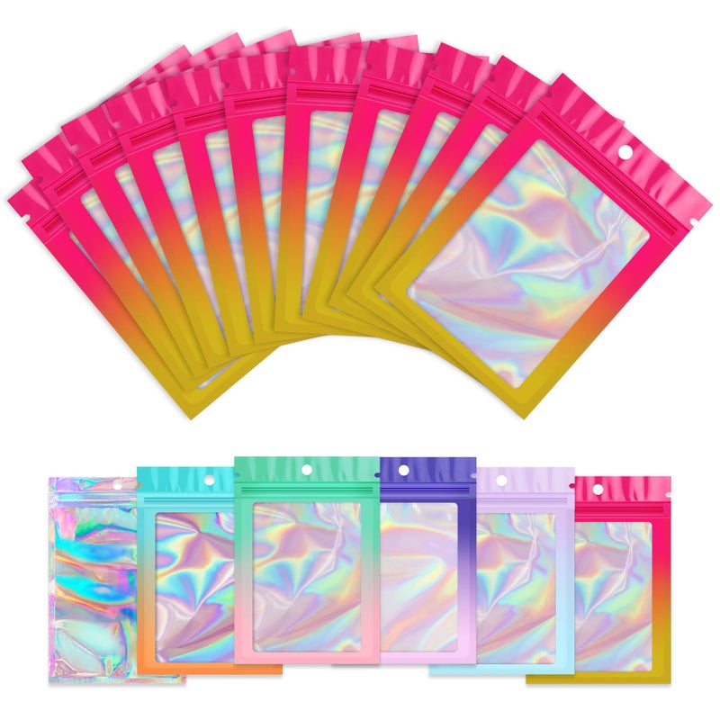Funfery 100 Pack Gradient Holographic Bags,Mylar Resealable Bags with Zipper,Clear Window Packaging Pouchs,Smell Proof Bag for Food Storage,Sample Jewelry Bag(2.7x3.9In,Hot Pink Orange) - Image 1