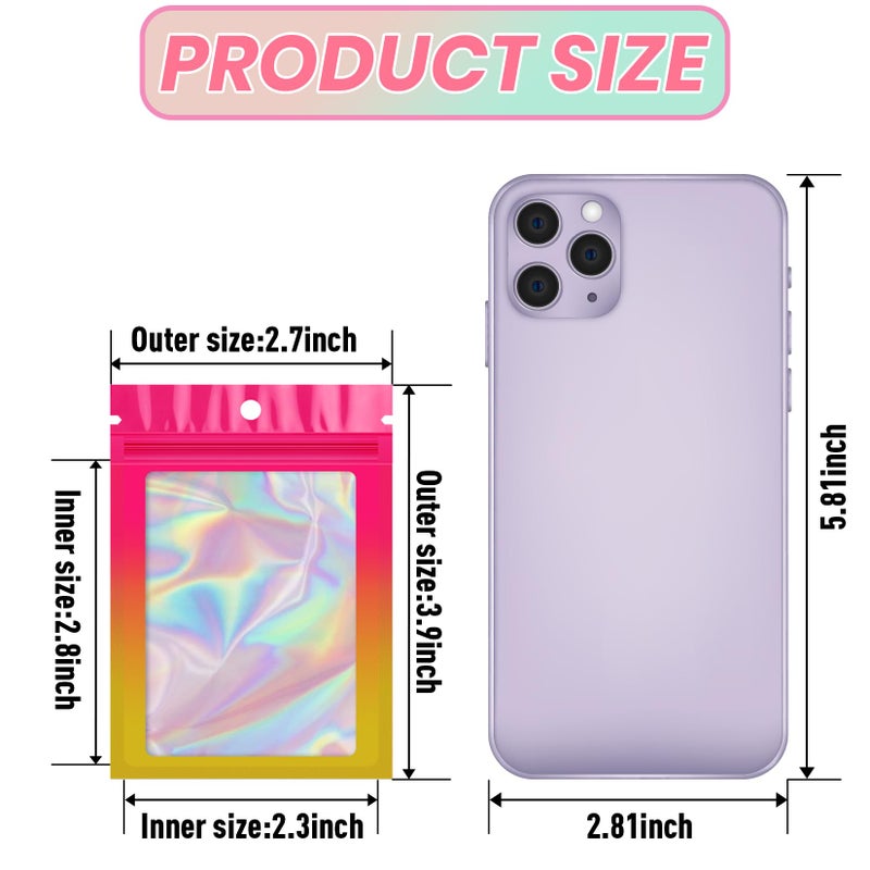 Funfery 100 Pack Gradient Holographic Bags,Mylar Resealable Bags with Zipper,Clear Window Packaging Pouchs,Smell Proof Bag for Food Storage,Sample Jewelry Bag(2.7x3.9In,Hot Pink Orange) - Image 2