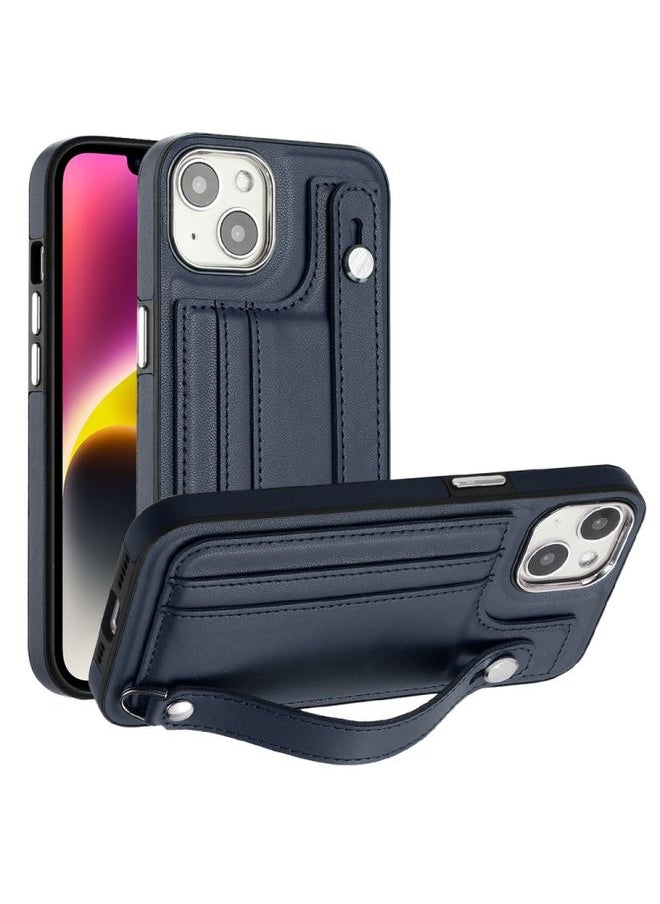 Generic Case Cover For iPhone 13 Shockproof Leather Phone Case with Wrist Strap Blue 