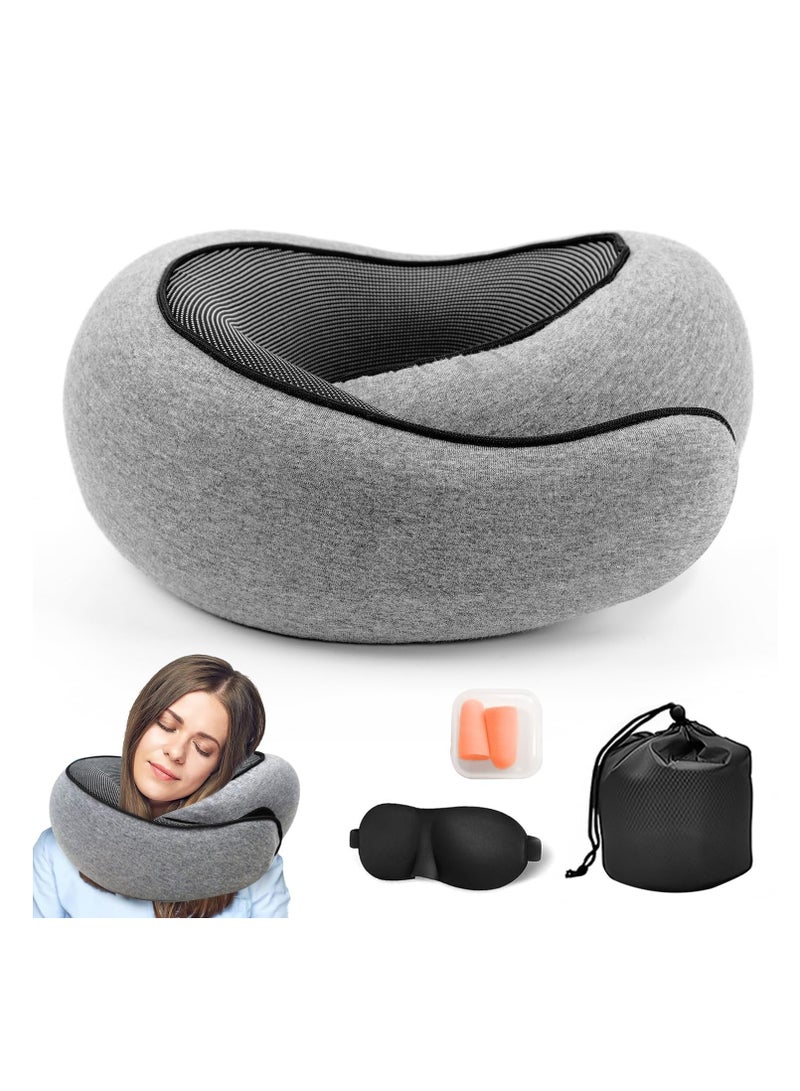 ELFSA Travel Pillow for Airplane, Neck Pillow for Travel, Memory Cotton Travel Neck Pillow for Adults, Adjustable Flight Pillow, Ergonomic Neck Cushion, With Ear Plugs, Eye Mask, Carry Bag (Grey)  - Image 1