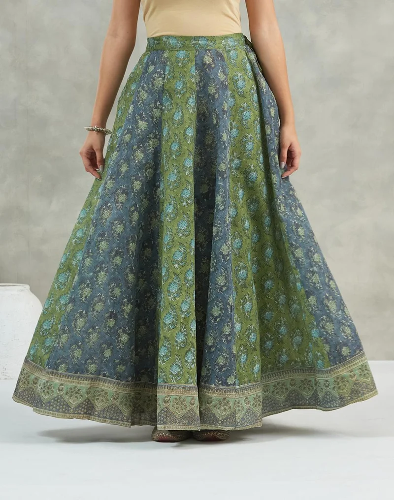 فاب انديا Teal Cotton Silk Hand Block Printed Ghera Skirt