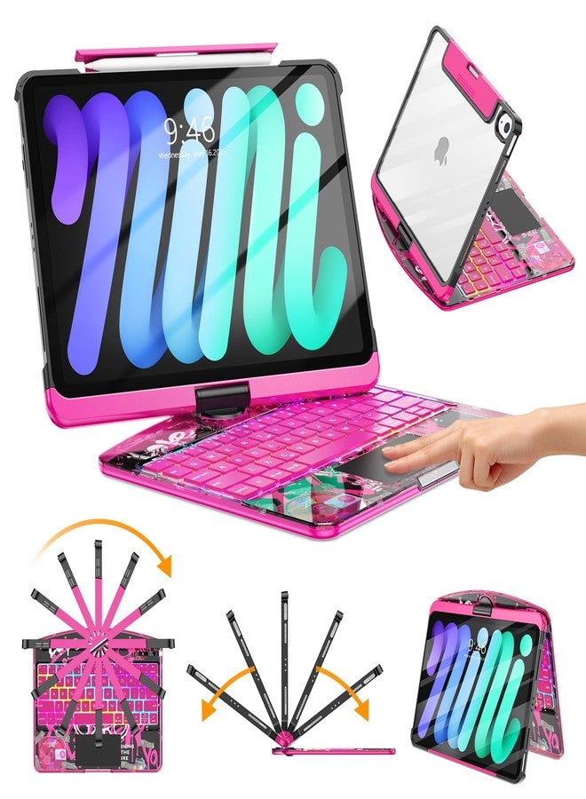 TSQQST Clear Wireless Keyboard Case for iPad Mini 7 (A7 Pro 2024)/ Mini 6 (2021) 8.3" with Pencil Holder & Multi-Touch Trackpad, 7-Color Backlit, 360 Rotatable Case for iPad Mini 7th/6th Generation, Pink - Image 1