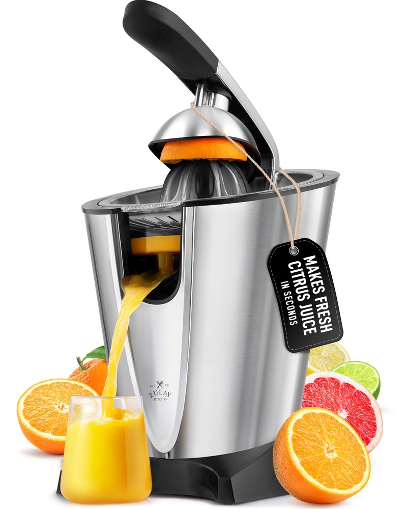 Zulay Electric Citrus Juicer Makes Fresh Orange Lemon Grapefruit Lime Juice Stainless Steel 160W Powerful Quiet Interchangeable Cones Filters Out Seeds Pulp Dishwasher Safe Parts Black