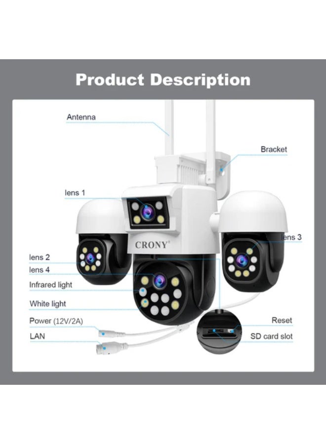 كروني كاميرا مراقبة كروني Sh069 رباعية العدسات، بدقة 1080 بكسل، نظام Ptz، مع صوت ثنائي الاتجاه، ورؤية ليلية ملونة، وكشف بشري بالذكاء الاصطناعي، للاستخدام الداخلي والخارجي - Image 4