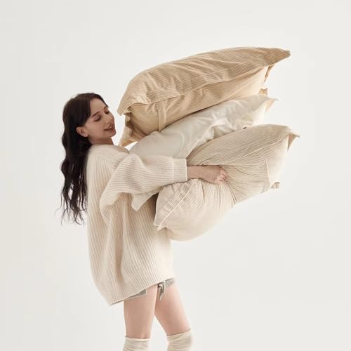 COCO TOP Set of 3 Oversized Throw Pillow Cover 26x26inch,Super Soft Striped Corduroy Neutral Earth Tones Pillow Cases for Bedroom,Living Room, Sofa Lounges,Girl Room（Camel, Beige & Pure White） - Image 1