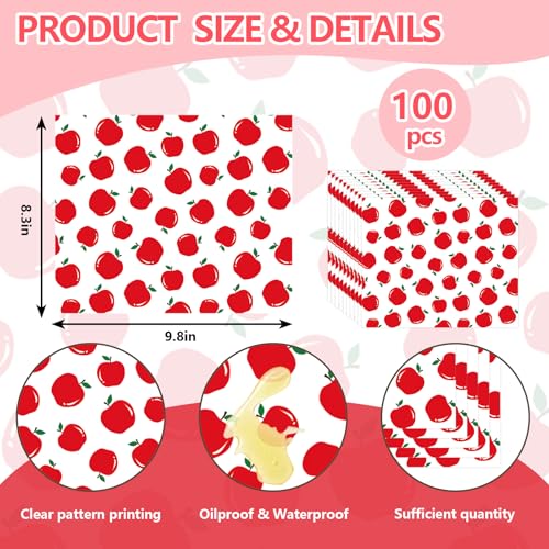 Whaline 100 Pcs Apples Wax Paper Deli Paper Sandwich Wrap Tissue Waterproof OilProof Picnic Liner for Back to School Party Home Kitchen Food Supplies 98 x 83 Inch - Image 5