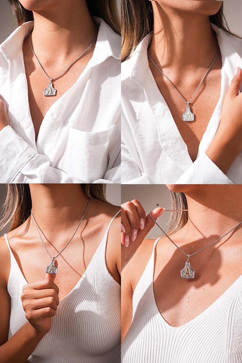 MIFYNN Silver Cow Tag Necklace with Initial for Women/Man Western Letter A Belt Buckle Necklace Cowgirl Cowboy Hippie Country Jewelry Gift - Image 3