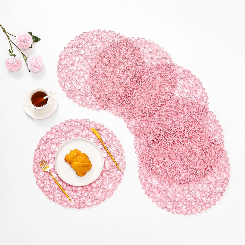 IcosaMro Pink Round Placemats Set of 12 for Dining Table 13 Inches Paper Woven Boho Small Decorative Circle Place Mat for Wedding Christmas Thanksgiving Day Holiday Dinner Pink