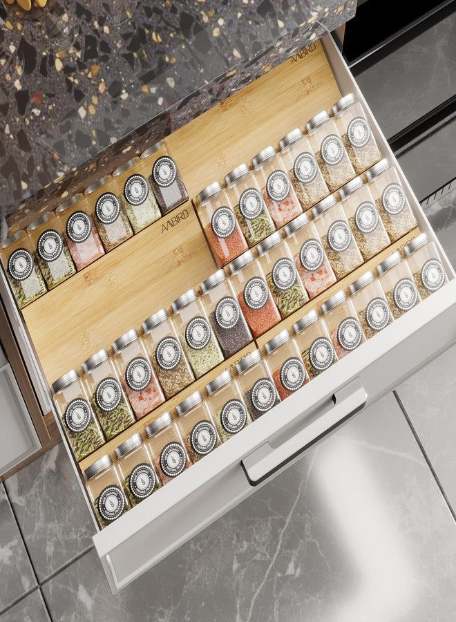 AMBIRD Bamboo Spice Drawer Organizer with Non-slip Mat,4 Tier - 2 Set Jar Spice Rack Tray From 12''to 24'',Hold up 48 Jars Seasoning Organizer for Kitchen,Cabinet,Drawers,Countertop - Image 1