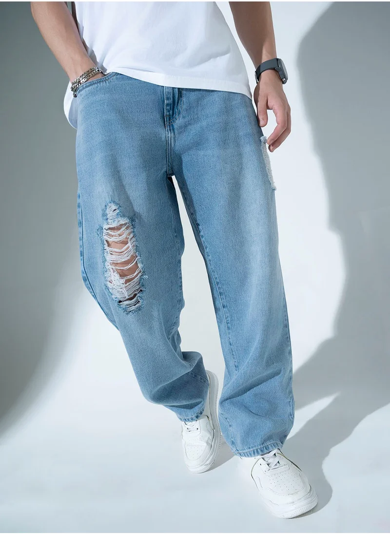 هوبرهولمي Blue Relaxed Fit Jeans for Men, Slash Knee Design