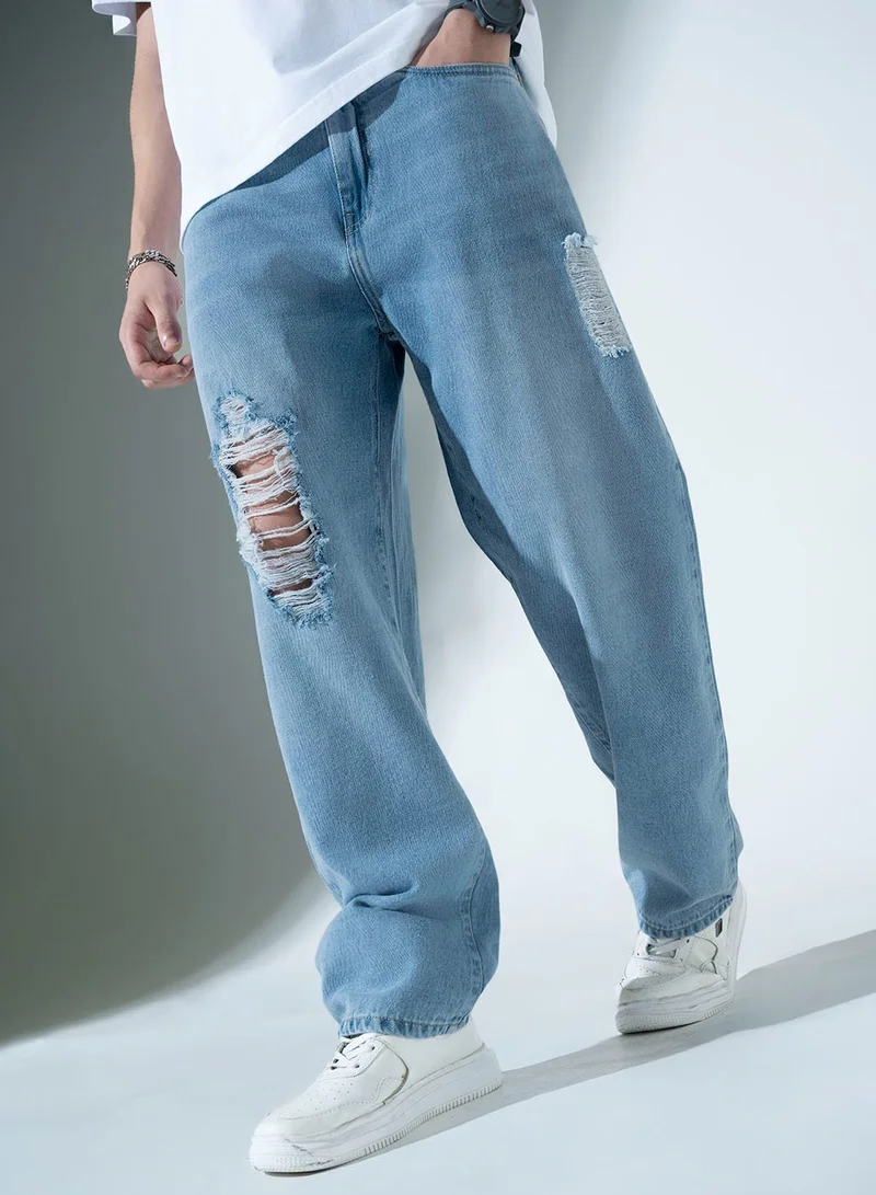 هوبرهولمي Blue Relaxed Fit Jeans for Men, Slash Knee Design