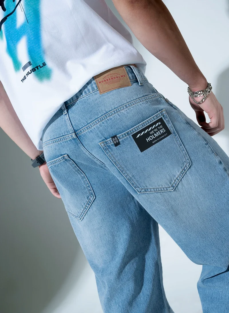 هوبرهولمي Blue Relaxed Fit Jeans for Men, Slash Knee Design