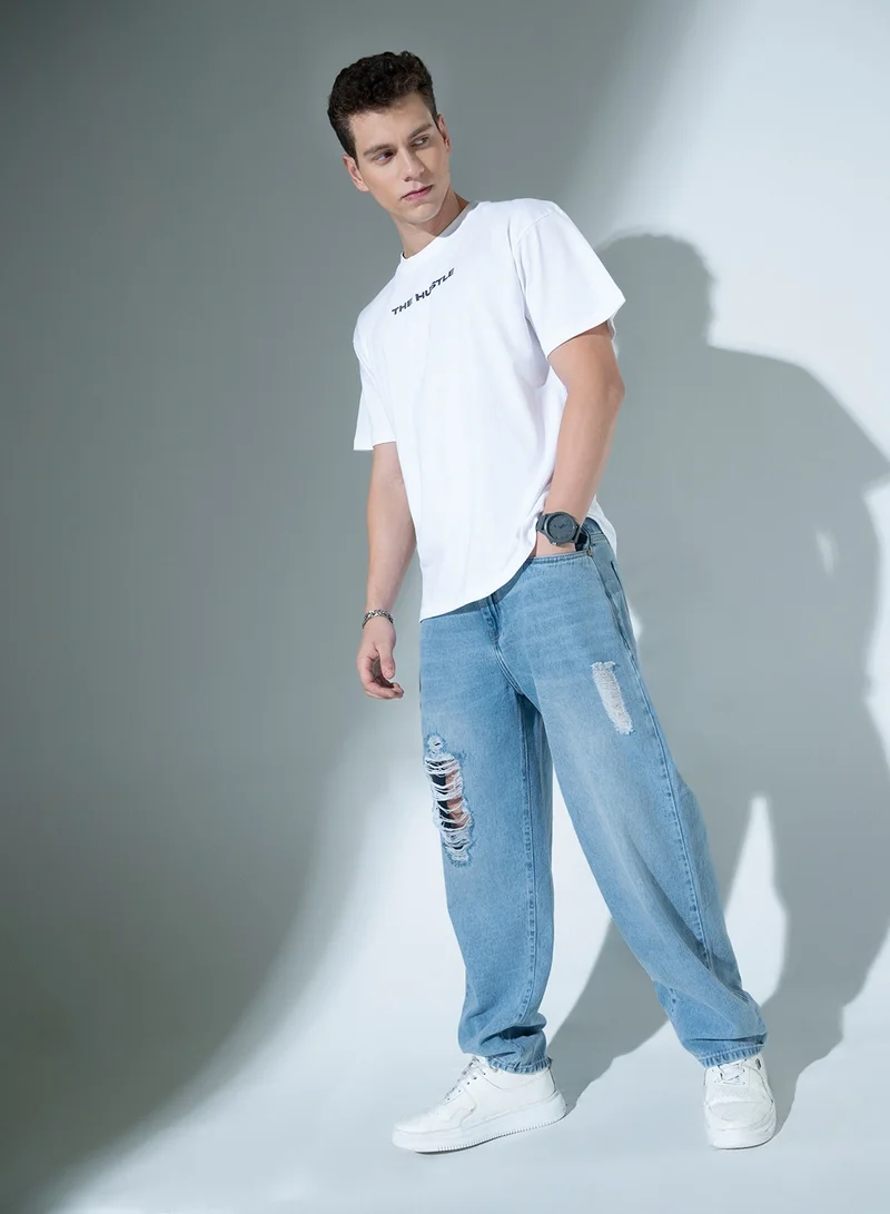هوبرهولمي Blue Relaxed Fit Jeans for Men, Slash Knee Design