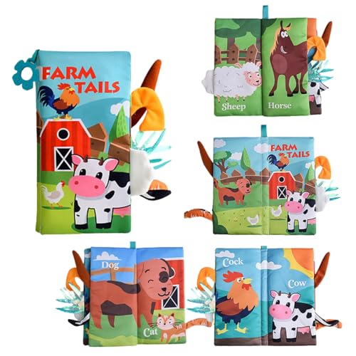 Ahamo Cloth Book for Baby 0 to 12 Months Sensory Cloth Book with 5 Animal Tails Peekaboo Books for Babies Interactive Crinkle Pages Soft Baby Book Early Learning Toy Tactile Exploration Gift for Infants - Image 1