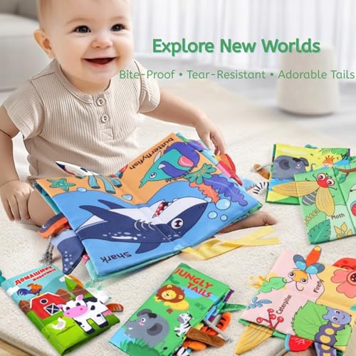 Ahamo Cloth Book for Baby 0 to 12 Months Sensory Cloth Book with 5 Animal Tails Peekaboo Books for Babies Interactive Crinkle Pages Soft Baby Book Early Learning Toy Tactile Exploration Gift for Infants - Image 3