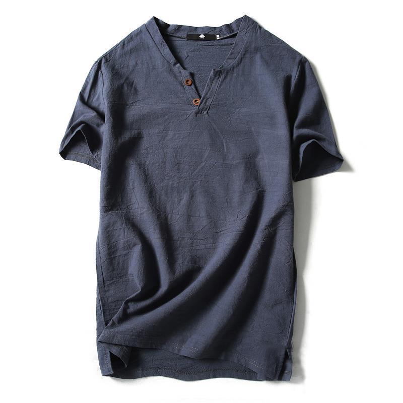 Chinese Style Linen T-Shirt Men'S Short-Sleeved Summer Solid Color Cotton And Linen Half-Sleeved V-Neck Base Shirt Chinese Style Men'S All-Match Top - Image 3