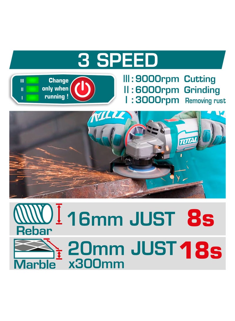 توتال مفرمة زاوية لاسلكية بدون فرش من توتال 20 فولت (بقوة 900 واط) - قاطعة كهربائية بقطر 115 مم (4.5 بوصة) مزودة بنظام تحكم بثلاث سرعات (9000 دورة في الدقيقة)، وبطارية عالية السعة 4.0 أمبير/ساعة، وشاحن، و5 أقراص معدنية - TAGLI261521 - Image 2