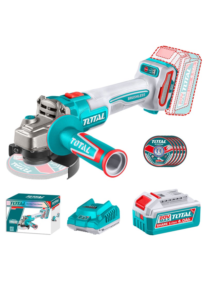 توتال مفرمة زاوية لاسلكية بدون فرش من توتال 20 فولت (بقوة 900 واط) - قاطعة كهربائية بقطر 115 مم (4.5 بوصة) مزودة بنظام تحكم بثلاث سرعات (9000 دورة في الدقيقة)، وبطارية عالية السعة 4.0 أمبير/ساعة، وشاحن، و5 أقراص معدنية - TAGLI261521 - Image 1