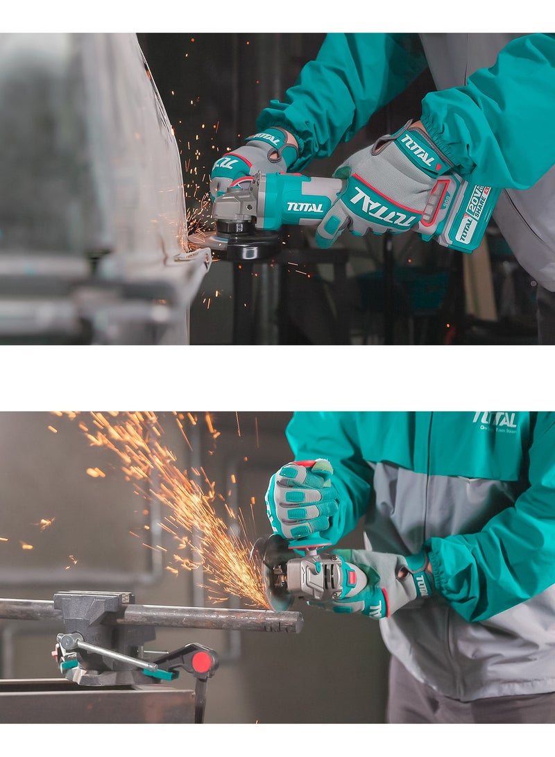 توتال مفرمة زاوية لاسلكية بدون فرش من توتال 20 فولت (بقوة 900 واط) - قاطعة كهربائية بقطر 115 مم (4.5 بوصة) مزودة بنظام تحكم بثلاث سرعات (9000 دورة في الدقيقة)، وبطارية عالية السعة 4.0 أمبير/ساعة، وشاحن، و5 أقراص معدنية - TAGLI261521 - Image 3