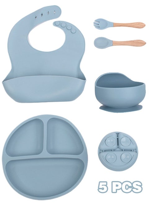 5-Pieces Silicone Baby Feeding Set, Baby Led Weaning Supplies with Suction Bowl and Divided Plate, Wooden Spoon and Fork, Toddler Tableware Set with Adjustable Soft Silicone Bib