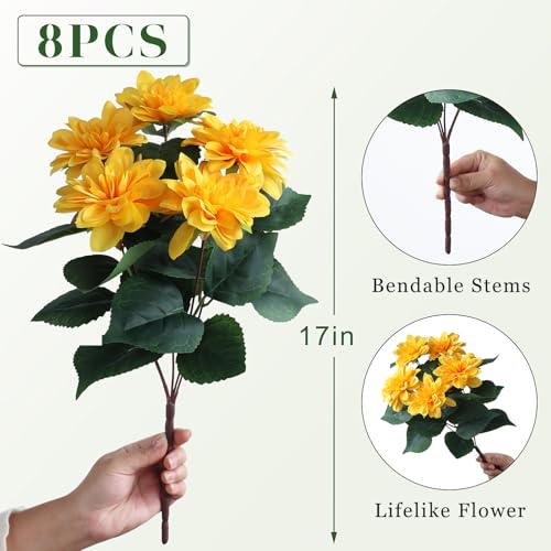 VIERENA 8 Bundles Artificial Dahlia Flowers for Outdoors Spring Summer Decor, No Fade Silk Flower Faux Dahlias Plant Arrangement for Home Garden Balcony Farmhouse（Yellow） - Image 5