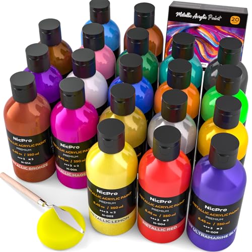 Nicpro Metallic Acrylic Paint Set (8.45 oz, 250 ml), 20 Colors Large Acrylic Paint Bulk, Non Toxic Art Painting Supplies for Multi Surface Canvas Rock Wood Leather Stone Metal Craft with Color Wheel - Image 1