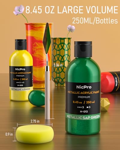 Nicpro Metallic Acrylic Paint Set (8.45 oz, 250 ml), 20 Colors Large Acrylic Paint Bulk, Non Toxic Art Painting Supplies for Multi Surface Canvas Rock Wood Leather Stone Metal Craft with Color Wheel - Image 4