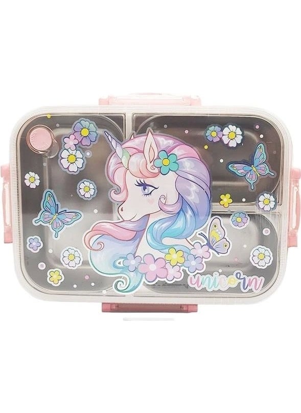 Vest - BES0015 Unicorn 2 Patterned Transparent Lid 3 Compartment 800 ml Steel Lunch Box - Image 1